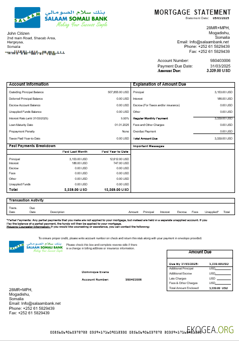 Somali Salaam Relevé hypothécaire de la banque somalienne aux formats Word et PDF